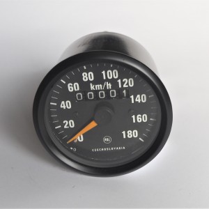 Tachometer, 180 km/h, černý rámeček, žluta ručička, Jawa 634-640