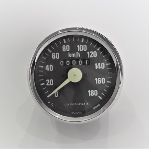 Tachometer, 180 km/h, chrómovaný rámeček, bíla ručička,  Jawa 634-640