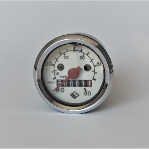 Tachometer, 80 km/h, rot Zeiger, weiß Zifferblatt, Jawa Babetta