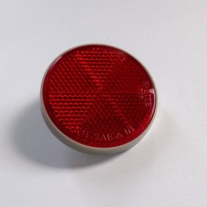 Odrazové sklo červené se šroubem, 59 mm, šedý rámeček, plast, Jawa, ČZ