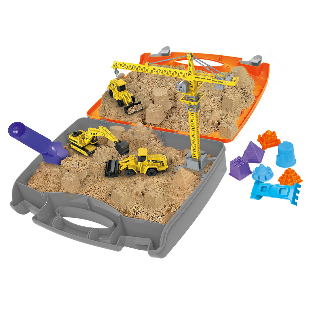 Construction site with kinetic sand, toy in a suitcase