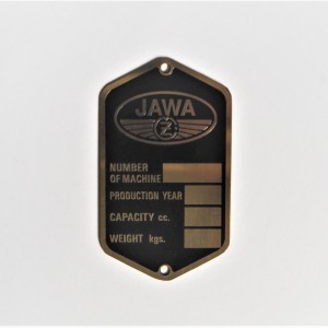 Type label, English, brass, Jawa-CZ 250 typ 353 Kyvacka