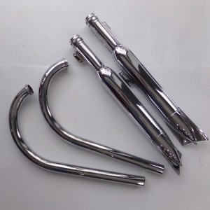 Exhaust silencer fish + exhaust pipes, chrome, set, Jawa 250 typ 353 Kyvacka  ( DUELLS )