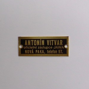Type label, ANTONIN VITVAR, 47 x 18 mm, brass
