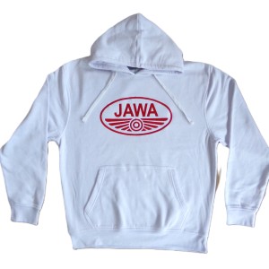 Men's pullover hoodie, white, with the JAWA logo, size S