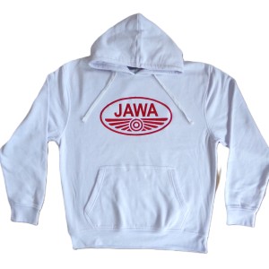 Men's pullover hoodie, white, with the JAWA logo, size M